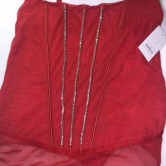 AUDEN Intimates Sheer Mesh Rhinestone Studded Thong Lingerie Bodysuit Red Size L - Picture 6 of 8